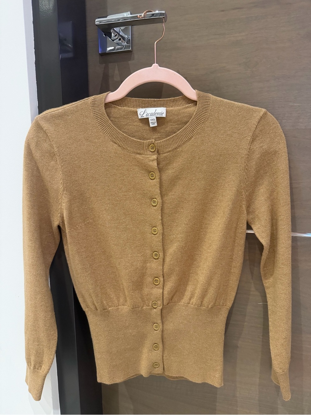L'Academie Camel Button-Front Crewneck Cardigan